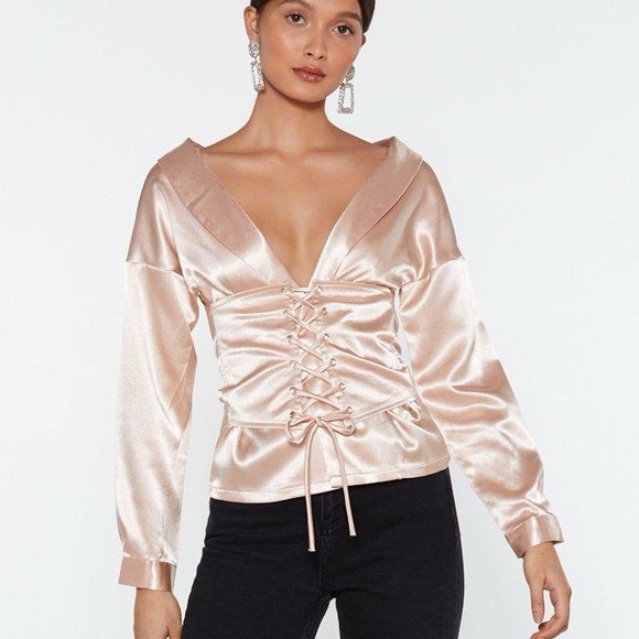 Nasty Gal Pink Stay the Corset Satin Long Sleeve Top - Size 4 - Picture 1 of 7